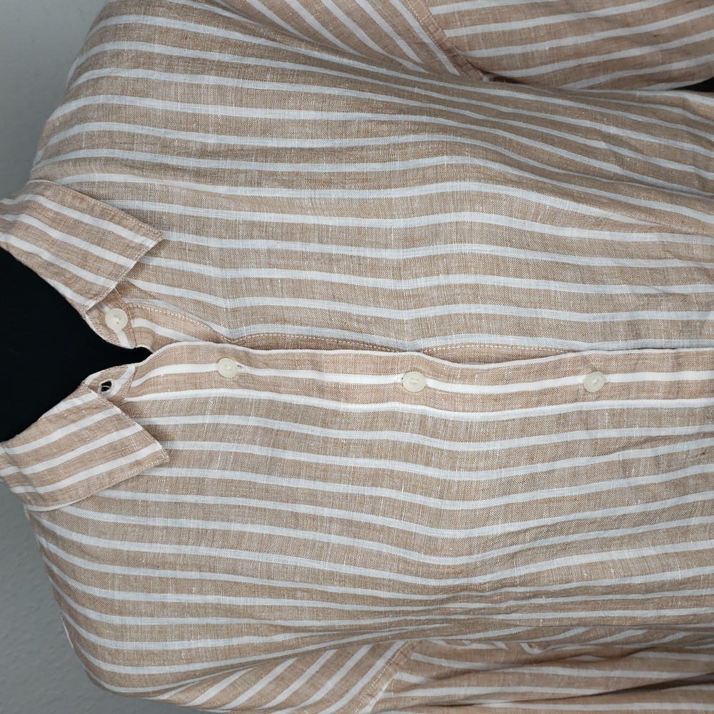 Uniqlo 100% Linen Stripe Button Up Shirt Size L Layer Coastal Everyday - Picture 2 of 16